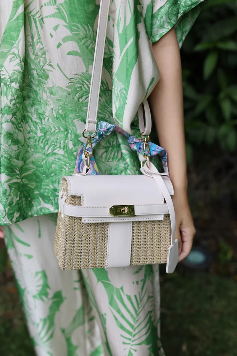 Kenzie Leather and Straw Crossbody Hand Bag-Ivory | Benaar La