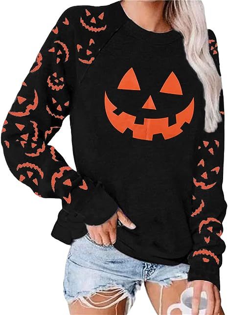 Pumpkin Face Halloween Sweatshirts Women Cute Fall Pumpkin Graphic Tops Casual Long Sleeve Shirts... | Amazon (US)
