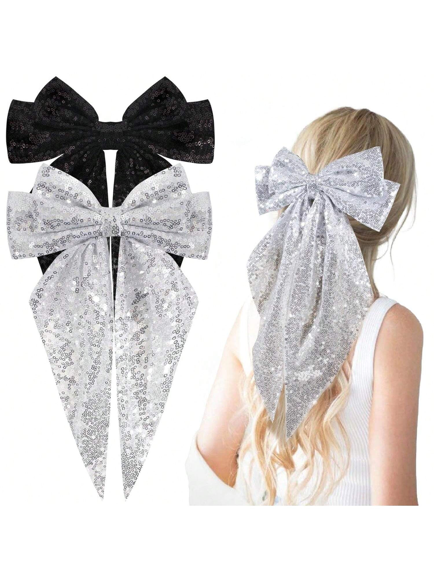 2pcs/set (black Sequin & Silver Sequin) Big Sequin Layered Hair Bows For Women & Girls 8 Inch Cli... | SHEIN