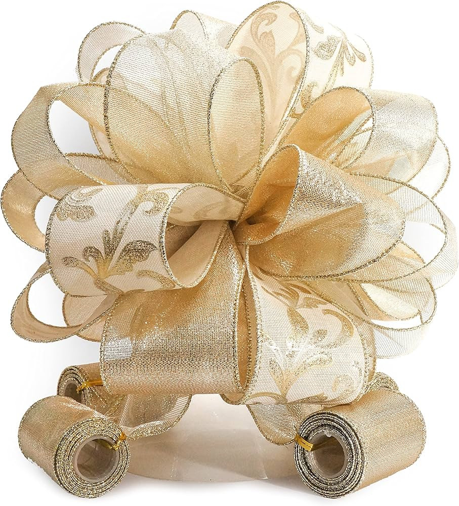 CT CRAFT LLC Champagne Gold Swirl Less Glitter Christmas Tree Topper Bow 11" with 4 Ribbon Stream... | Amazon (US)
