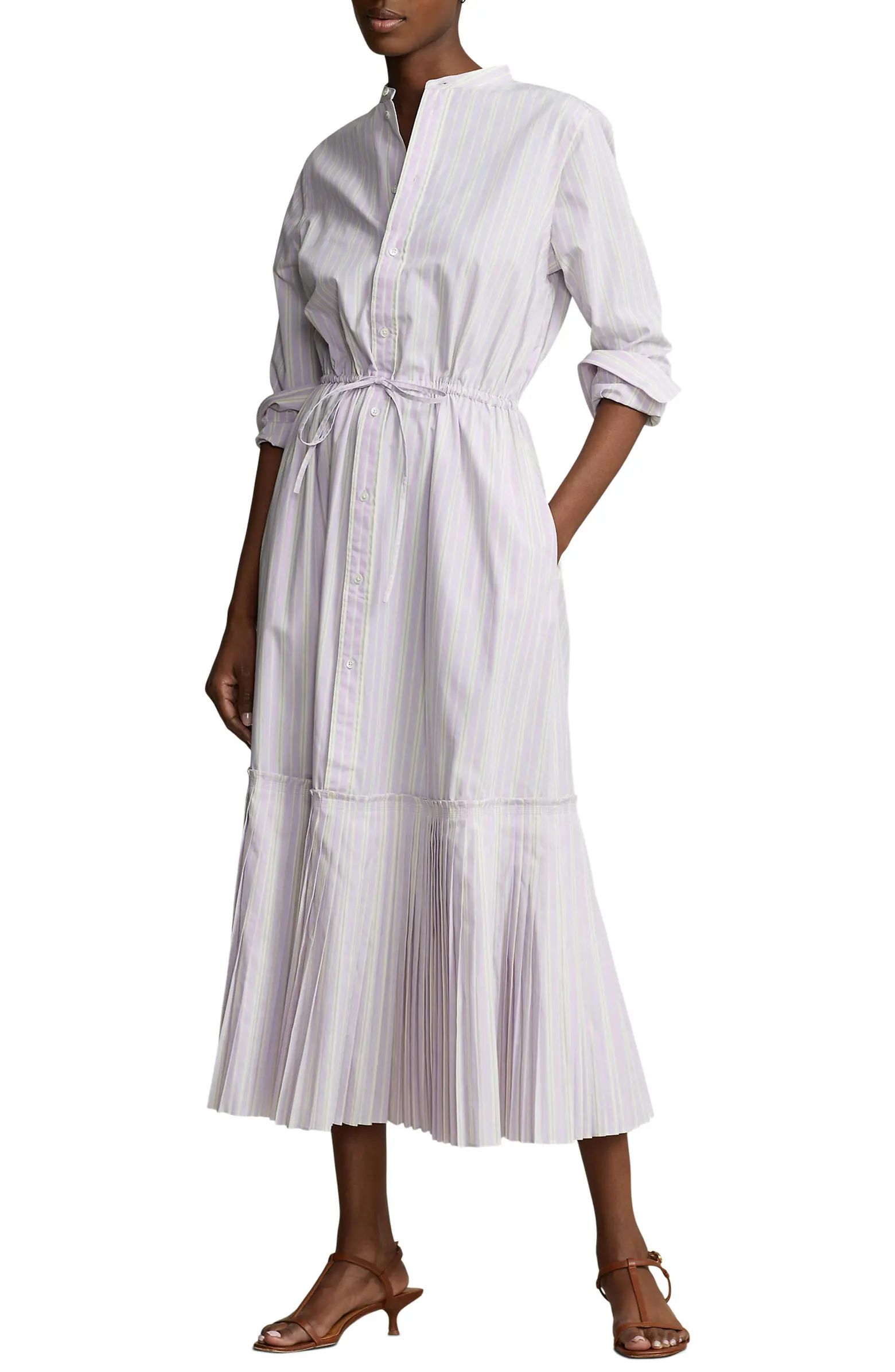 Stripe Pleated Hem Long Sleeve Cotton Blend Shirtdress | Nordstrom