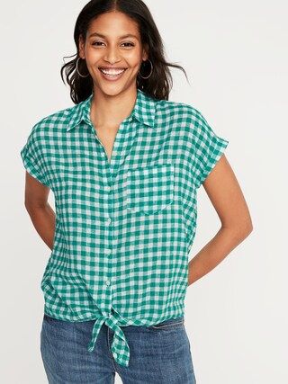 Patterned Tie-Hem Linen-Blend Shirt for Women | Old Navy US