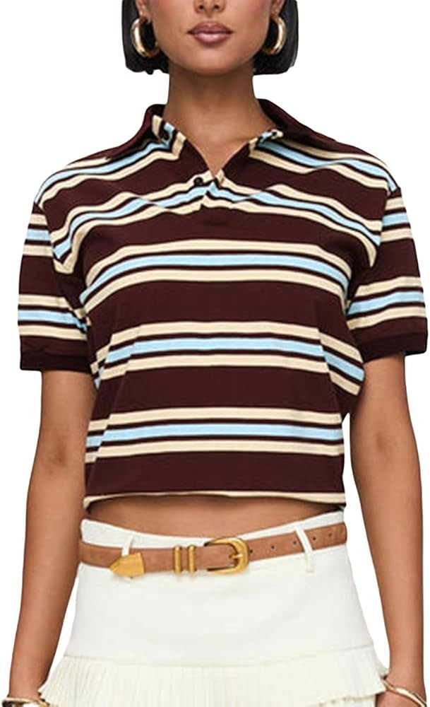 Women Y2k Polo Shirts Short Sleeve Stripe Lapel Blouse Slim Fit Color Blocked Tee Shirt Casual Sp... | Amazon (US)