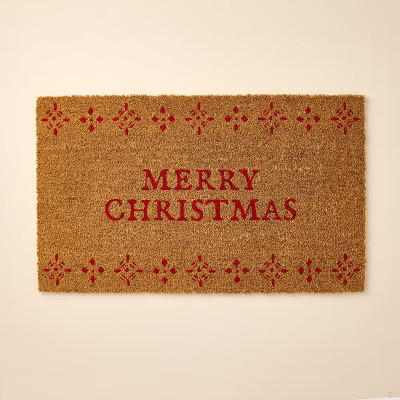 Merry Christmas Fair Isle Coir Doormat Tan/Red - Hearth & Hand™ with Magnolia | Target