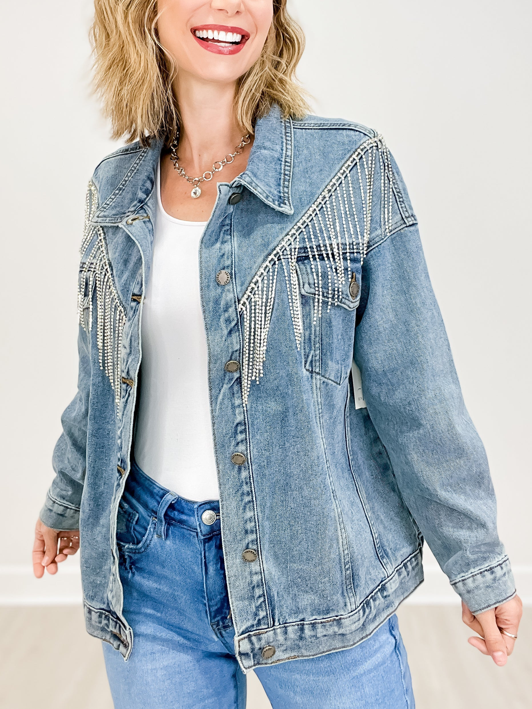Rhinestone Fringe Oversized Denim Jacket | Emma Lou's Boutique