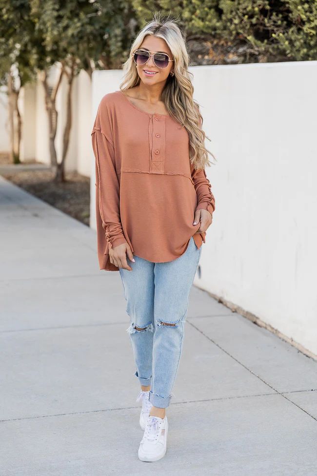 Miss The Old You Terracotta Henley Long Sleeve Blouse | Pink Lily