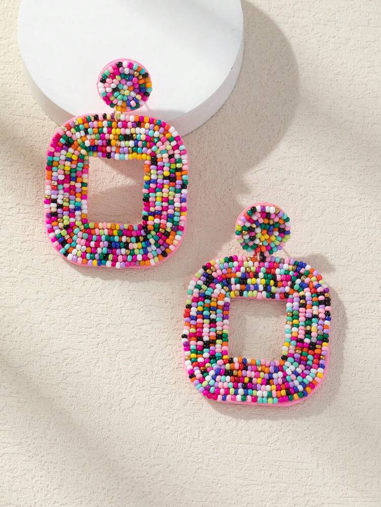 1 Pair Square Beaded Earrings, Bohemian Style Beach Holiday Earrings | SHEIN
