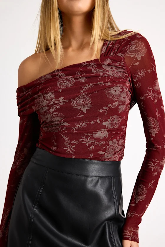 Melonie Dark Red Floral Mesh Asymmetrical Top | Lulus