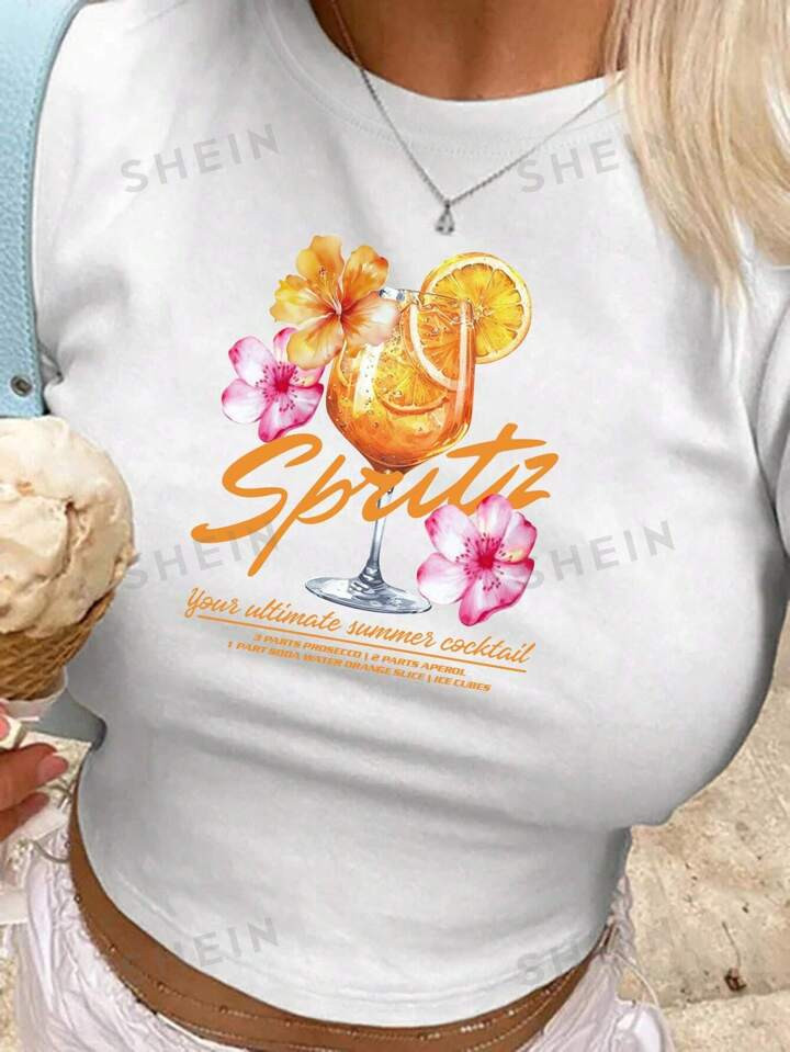 SHEIN EZwear Women's Cocktail Aperol Spritz Crop Top T-Shirt | SHEIN USA | SHEIN