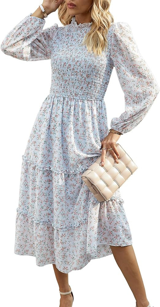 NOLLSOM Women 2023 Fall Dress Floral Boho Dress Casual Long Sleeve Crew Neck Ruffle A-Line Flowy ... | Amazon (US)