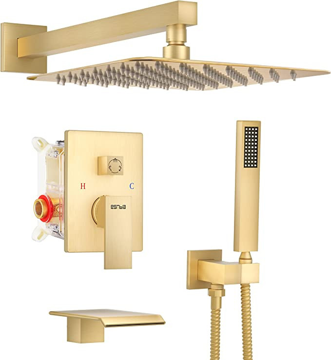 Esnbia Tub Shower System Brushed Gold, Shower Head with Handheld Shower Faucet Set Complete with ... | Amazon (US)