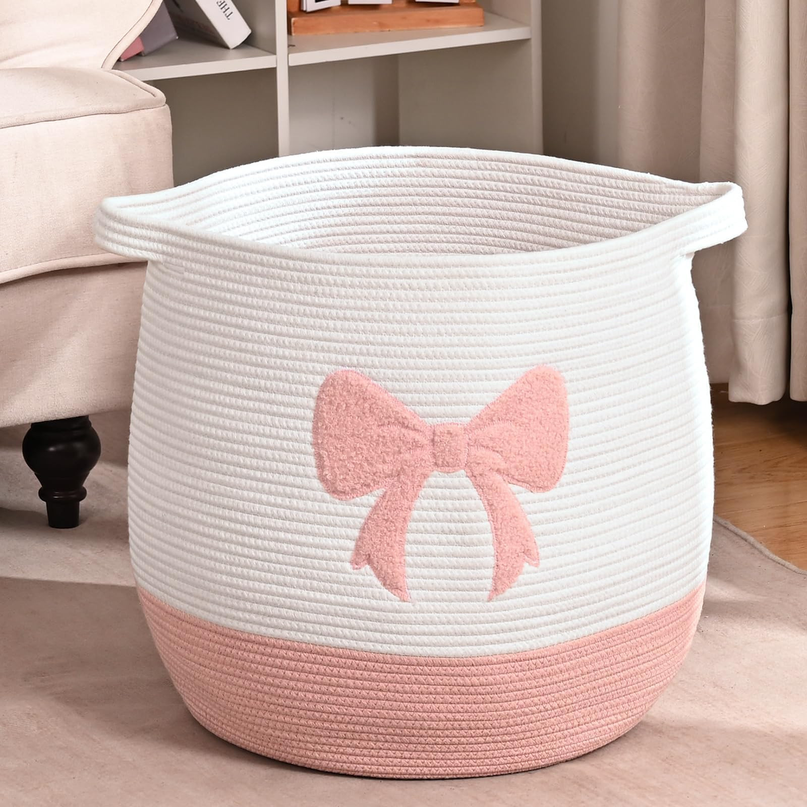 Large Baby Laundry Hamper, Pink Bow Laundry Basket for Baby Girl, Toy and Blanket Storage Basket ... | Amazon (US)