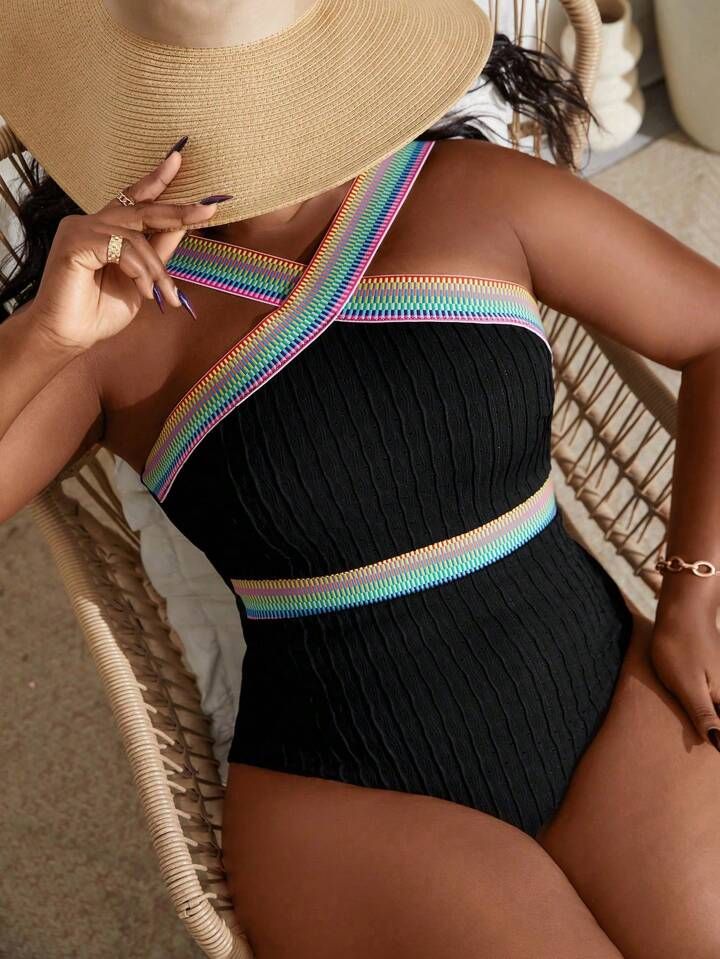 SHEIN Swim Curve Plus Size Summer Beach Contrast Tape One-Piece Swimsuit | SHEIN