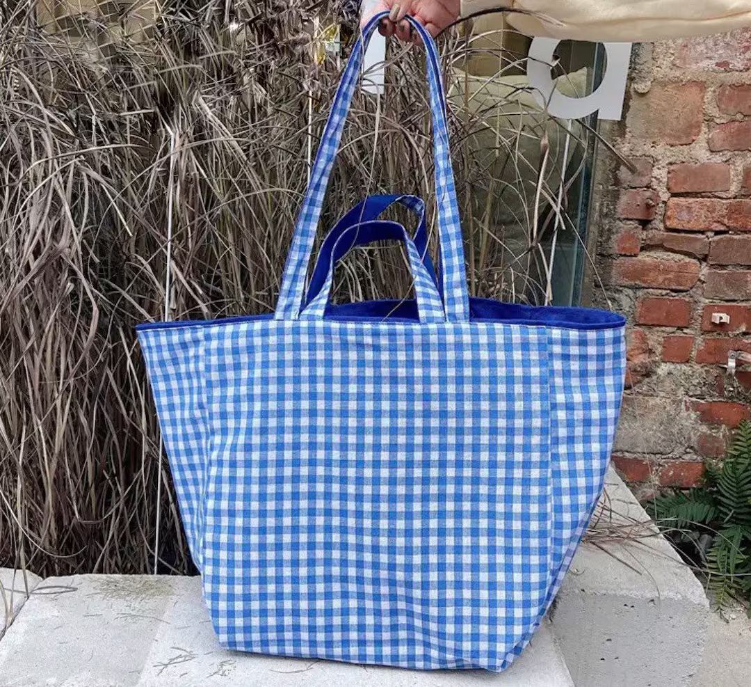 Large Vichy Gingham Blue Aesthetic Canvas Summer Tote Bag With Pockets - Etsy | Etsy (US)