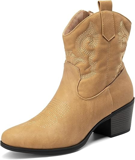 DREAM PAIRS Women's Western Cowboy Cowgirl Embroidered Ankle Boots Fashion Low chunky Heel Round ... | Amazon (US)