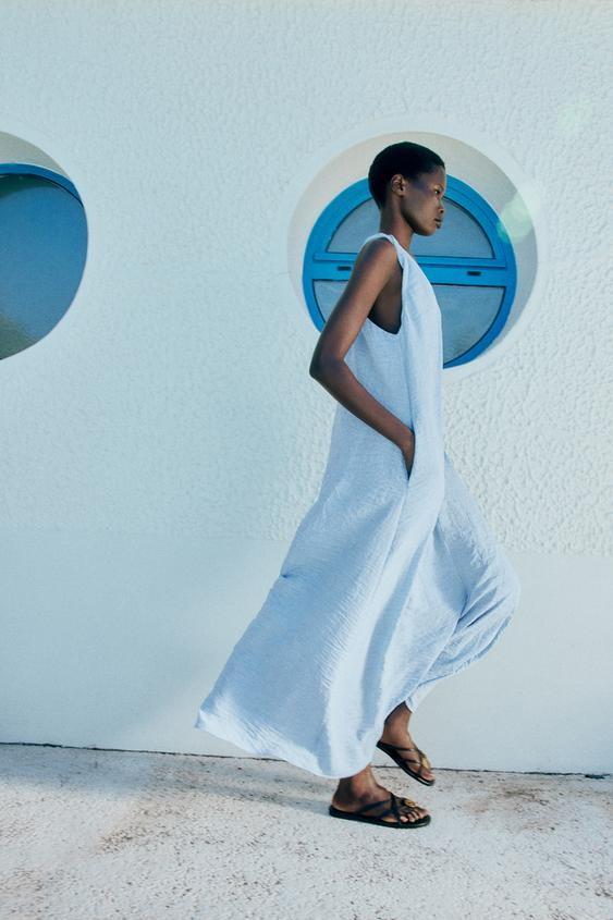 Zara - Twisted Shoulder Long Dress - Light Blue - M - Woman | Zara UK