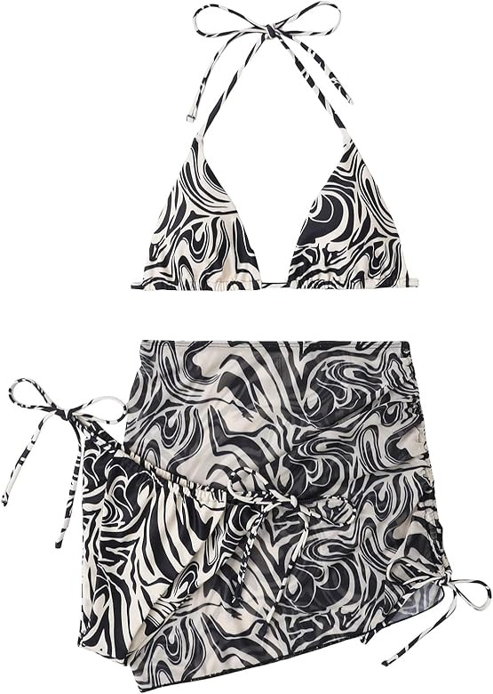 MakeMeChic Women's 3 Piece Halter Bikini Sets Swimsuit Bathing Suit Cover Up Skirt | Amazon (US)