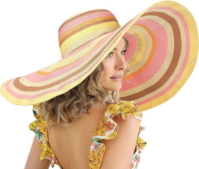 FEMSÉE Oversized Wide Brim Hats for Women - Rainbow Beach Sun Hats Roll-up Foldable Floppy Paper... | Amazon (US)