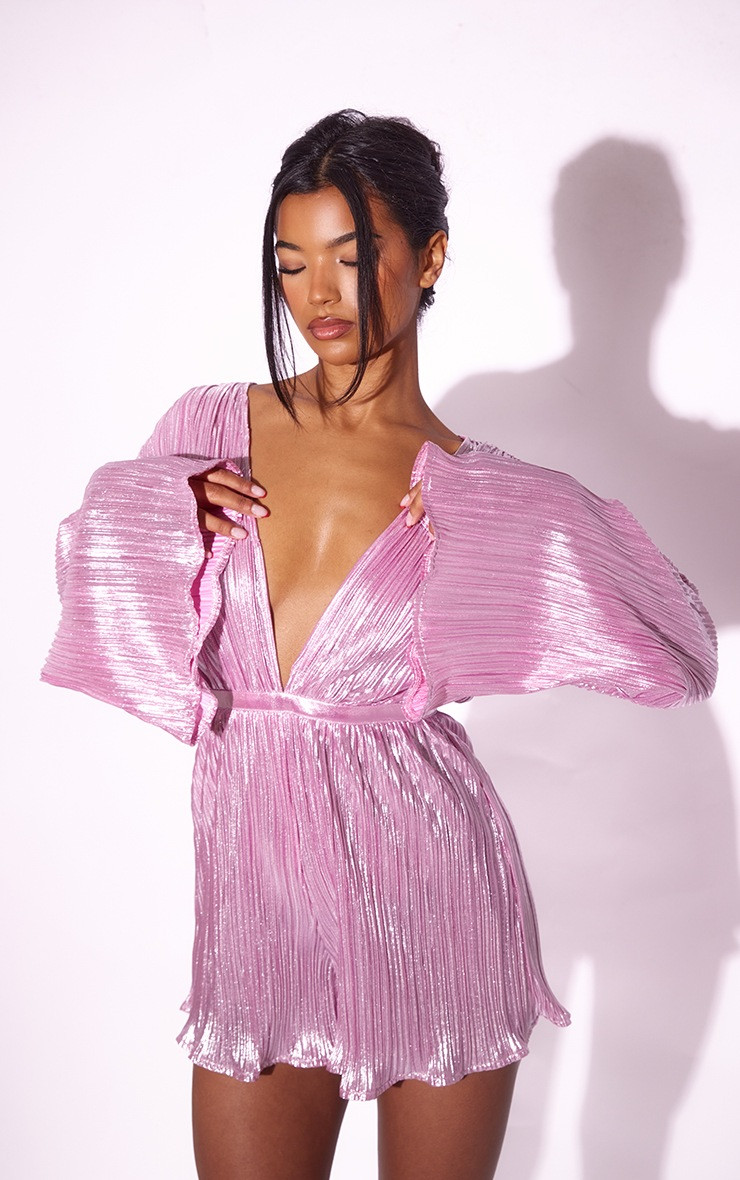 Pink Foil Plisse Plunge Tie Back Flared Sleeve Playsuit | PrettyLittleThing UK