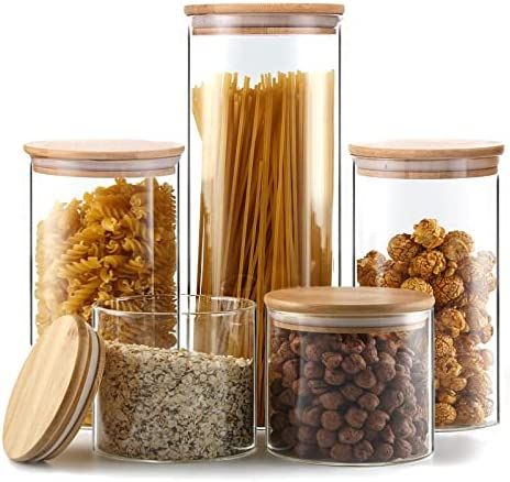 Glass Storage Jars [Set of 5] ,Clear Glass Food Storage Containers with Airtight Bamboo Lid Stack... | Amazon (US)