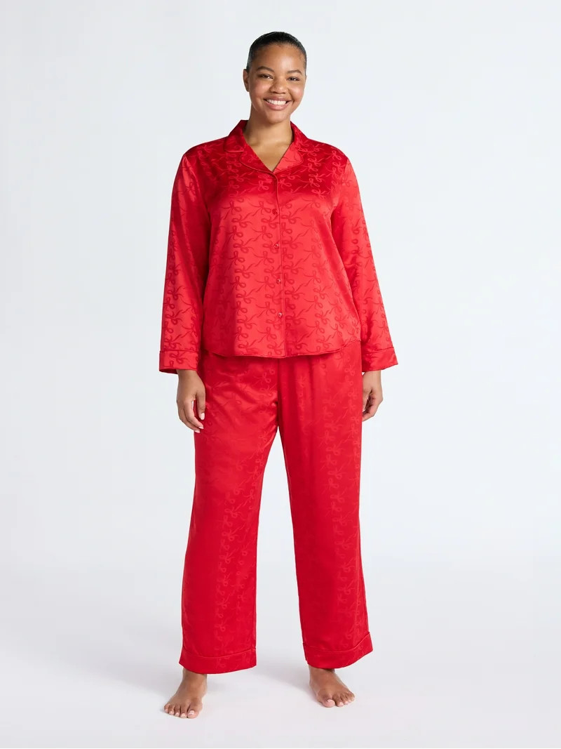 Joyspun Women’s Stretch Satin Notch Long Sleeve Top and Pants Pajama Set, 2-Piece, Sizes XS-3X ... | Walmart (US)