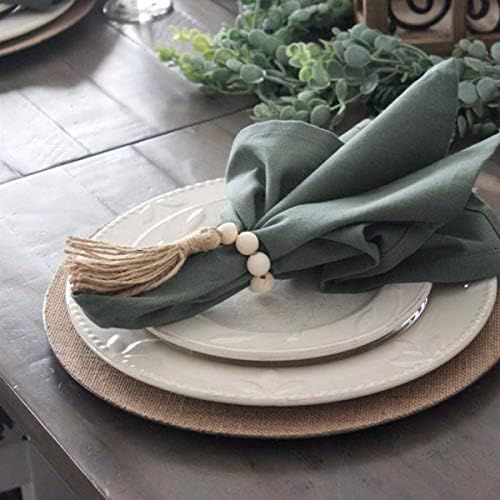 LuckyShe Napkin Rings Farmhouse Natural White Wooden Beads Tassels,Set of 8 | Amazon (US)