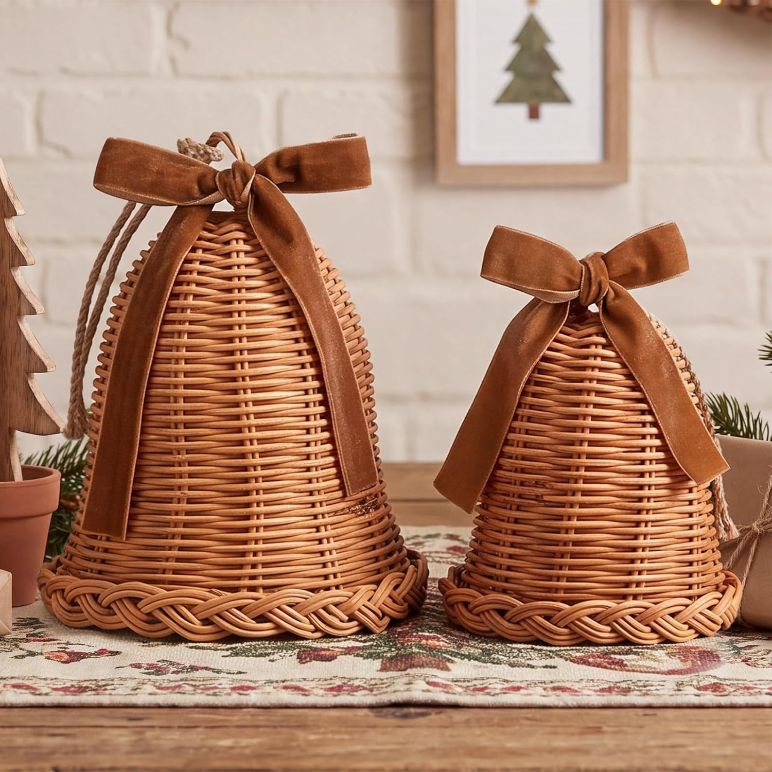 Junkin 2 Pcs Woven Rattan Christmas Bells with Velvet Bows 9'', 6.5'' | Amazon (US)