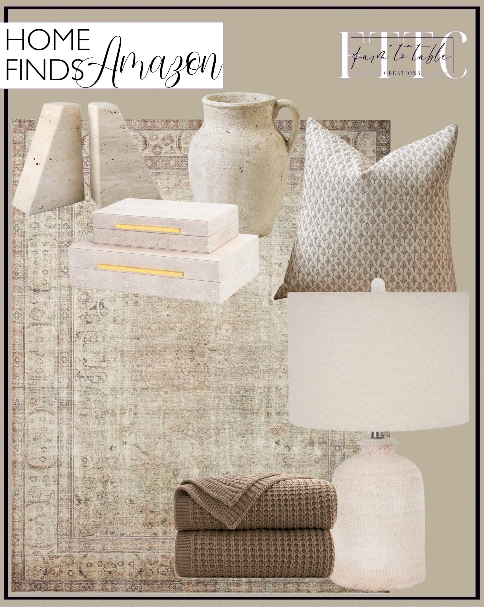 Amazon Home Finds. Follow @farmtotablecreations on Instagram for more inspiration.

Rustic Large Ceramic Vase, 13.6" Tall Zen Style vase, Terra Cotta Pitcher Vase, Distressed Farmhouse Decor, Pottery Decorative Flower Vase for Home Decor. Nourison 24" White Washed Terracotta Farmhouse Textured Table Lamp. Travertine Book Ends. Shagreen Boxes. Loloi Margot Collection Area Rug in Antique/Sage. Douceur Light Brown Throw Blanket for Couch, Soft Chunky Cable Knit Throw Blanket. MOROCO Floral Throw Pillow Covers 18x18 Couch Pillows for Living Room Block Print. 
 
Living Room | Dining Room | Dining Room Artwork | Bathroom Finds | Bedroom Finds | Bedroom Furniture | nightstands | Home Decor| Fireplace Decor | Spring Refresh |  Bedroom Finds | Neutral Stems | Spring Stems | Bookshelf Decor | Bedroom Space | Cozy Corner | Bathroom | Curated Entryway | Spring  Decor | End of Year Clearance | Trending Decor | Viral Decor  | Coffee Table Decor | Neutral Decor | Fall Stem Sale | Target Finds | Skinny Bench | Bedroom | Living Room | Breakfast Nook | Amazon Home | Target Sale | Loloi Rugs | Magnolia Home | console table | console table styling | faux stems | entryway space | front porch decor | neutral decor | entryway decor | cozy home | affordable decor |  home decor | home inspiration | console styling | entryway rug | cozy moody home | moody home decor | neutral home | bathroom decor | living room | spring decor | Hearth & Hand | Studio McGee | 2025 Home Trends | trending home | Crate&Barrel 




#LTKSaleAlert #LTKFindsUnder50 #LTKHome