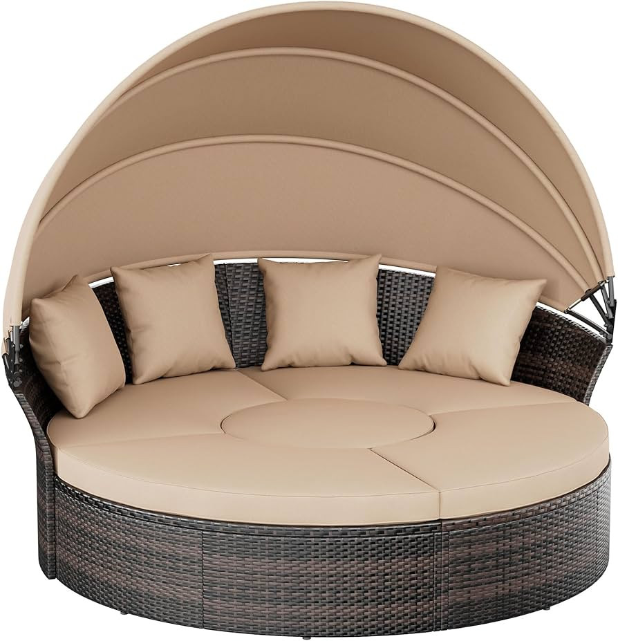 Crownland Outdoor Daybed with Retractable Canopy, Patio Round Daybed with Washable Cushions, Clam... | Amazon (US)