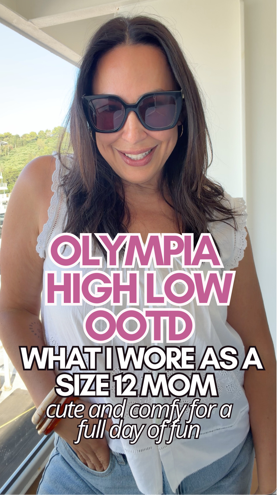 Are you a mix high and low prices kind of shopper, or do you stick to one price point? Day 3 of our Viking cruise through Europe (Empires of the Mediterranean itinerary), here's my Olympia, Greece outfit as a size 12 mom of 4 with a soft apron belly.

Today's outfit is mostly a splurge, the top, sunglasses, and sandals are all the pricier pieces. But the denim shorts are only $18. Save this one, it's a great basic that works into everyday outfits too, not just vacation, think school drop off or running to Costco.

#LTKgrwm #LTKootd #LTKTravel