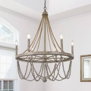 6-Light Distressed Grey Boho Farmhouse Empire Candlestick Chandelier with Wood Beaded and Rope Ac... | The Home Depot
