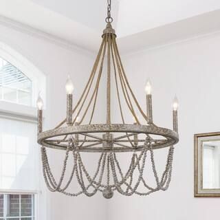 6-Light Distressed Grey Boho Farmhouse Empire Candlestick Chandelier with Wood Beaded and Rope Ac... | The Home Depot