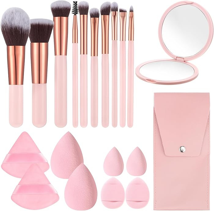 20PCS Travel Makeup Brush Set,10 Pcs Small Makeup Brushes with Mirror,Storage Bag and 8PCS Makeup... | Amazon (US)