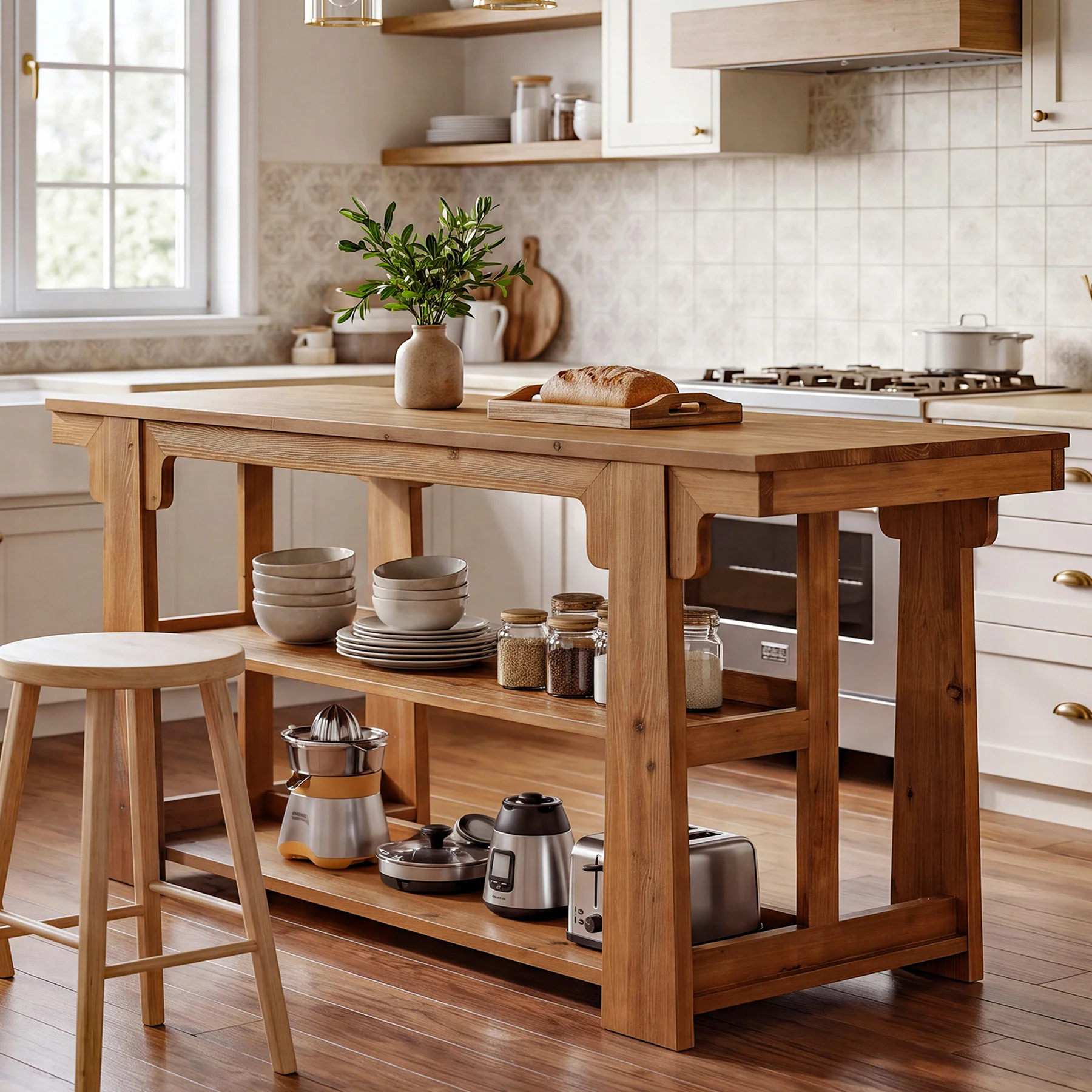63-Inch Solid Wood Kitchen Island with Storage Shelves, Farmhouse Island Table Counter Height Bar Table | Wayfair North America