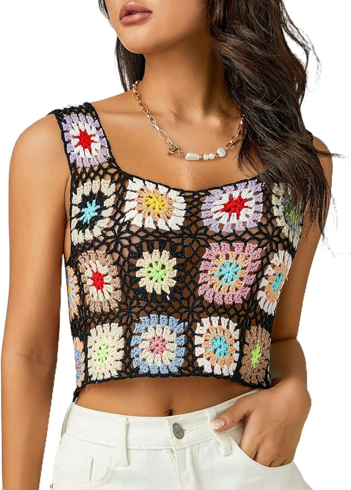 Honganda Women's Summer Crochet Sleeveless Crop Top Colorful Floral Embroidery Knit Camisole Vest... | Amazon (US)