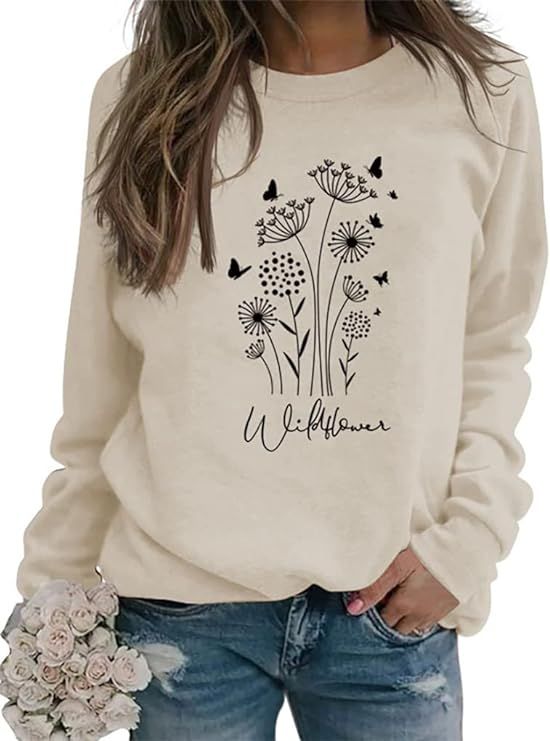 Flower Sweatshirt Womens 80s Vintage Minimalistic Floral Printed Long Sleeves Sweatshirt Pullover... | Amazon (US)