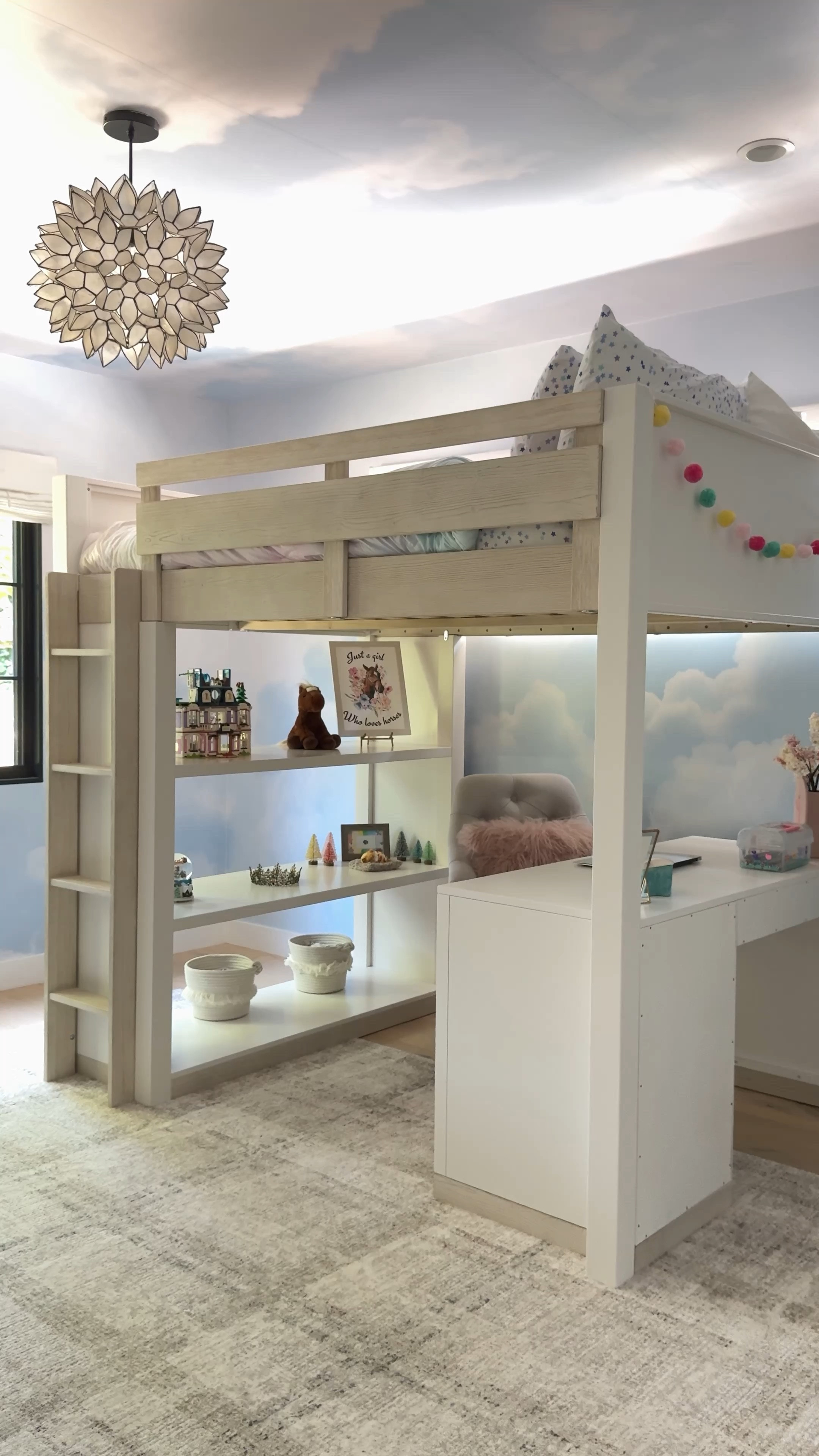 This rug is on major sale for Black Friday. It’s staying resistant and my daughter is so happy with her big girl room! She picked EVERYTHING herself. The Rhys Loft Bed and Woven Cave Chair from @potterybarnteen pulled the room together. She’s always wanted a loft bed and was very specific about having a desk under it since she loves to draw and do crafts. I love how this room turned out and I’m so excited she can enjoy it for years to come. 

Loft bed white desk capiz chandelier grey rug wallpaper poo lol garland banner mirror bookshelf bookcase beach art pink art  bookends book ends

#LTKFindsUnder100 #LTKSaleAlert #LTKHome