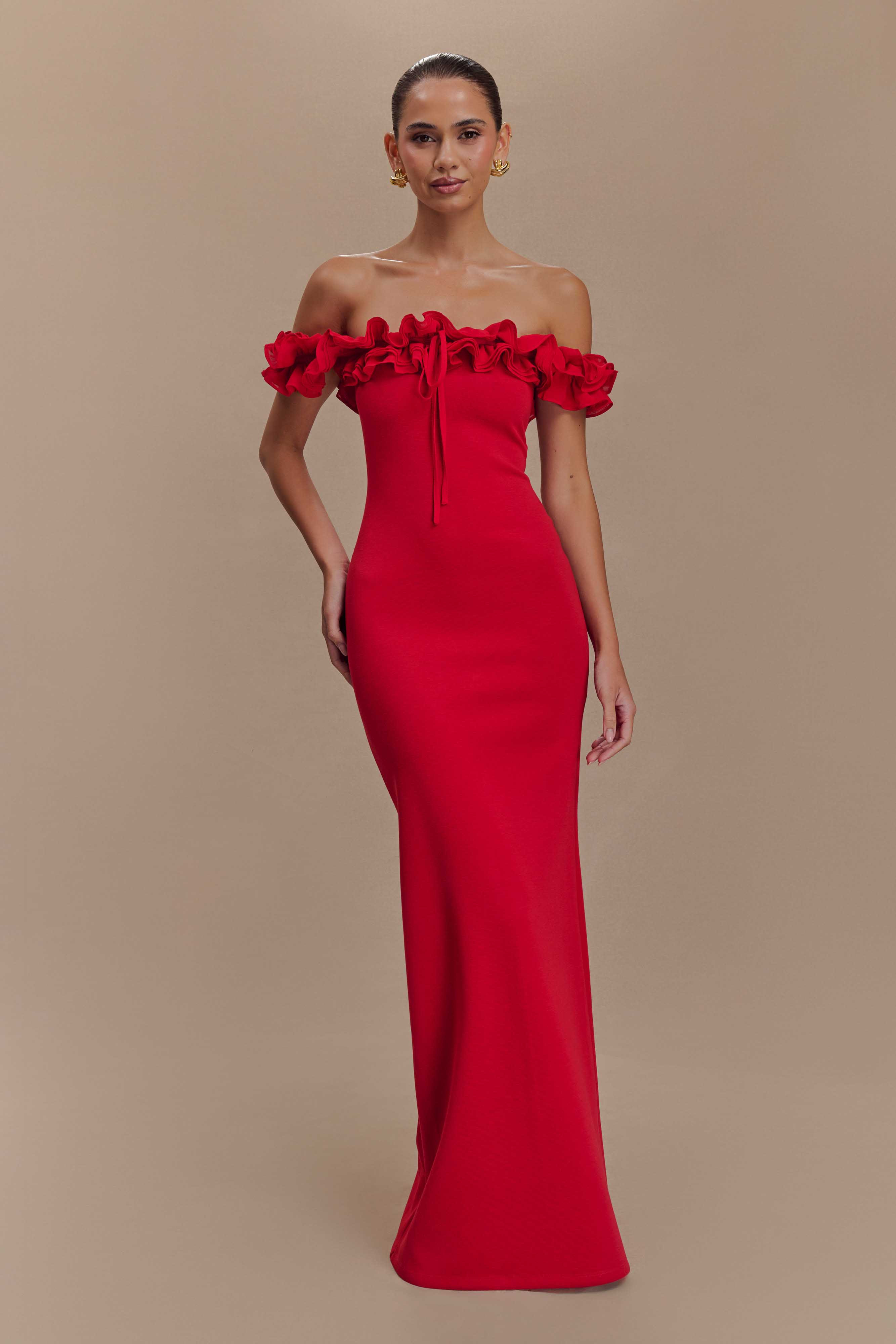 Nova Ruffle Off Shoulder Maxi Dress - Ruby | Meshki UK