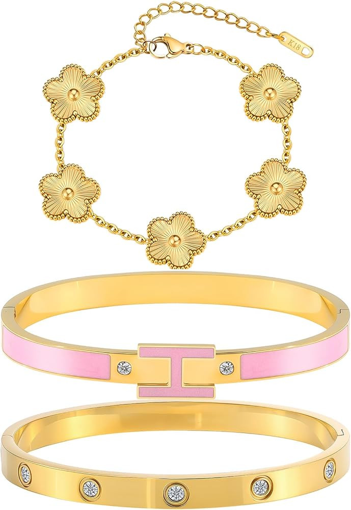 Gold Clover Bracelets for Women - 18K Gold Plated Stainless Steel Dainty H Bangle Bracelets| Dail... | Amazon (US)