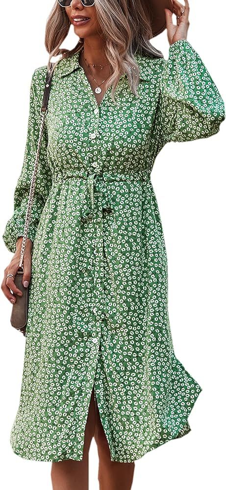Angashion Women Dresses Casual Short Sleeves Floral Print Button Down V Neck Summer Boho Midi Dre... | Amazon (US)
