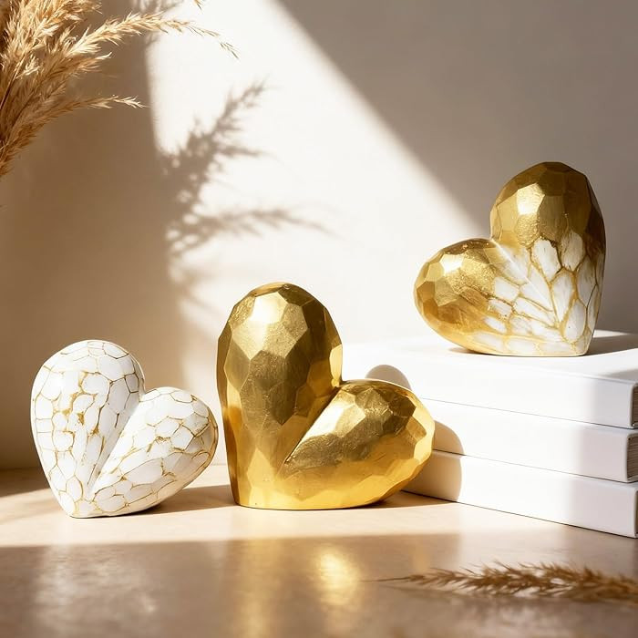 3 Pack Resin Hearts for Valentine's Day Decorations Crafts Gold Resin Hearts Figurine Gifts for V... | Amazon (US)