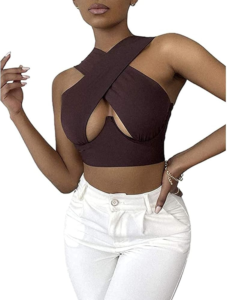 Women Criss Cross Halter Top Solid Cutout Cami Cross Wrap Crop Tank Top | Amazon (US)