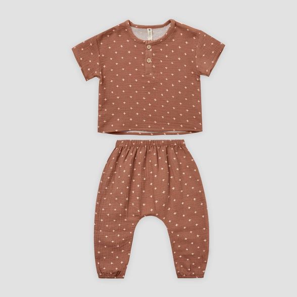 Q by Quincy Mae Baby 2pc Gauze Short Sleeve Top & Bottom Set - Clay Brown | Target