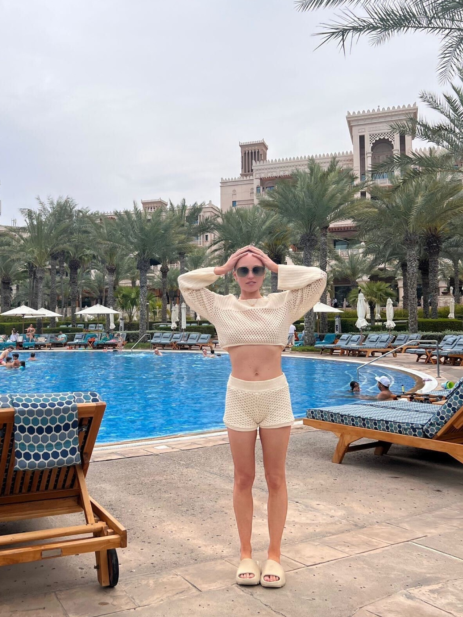 Holiday outfits, crochet set, crochet shorts, cream two piece, summer outfit inspo, festival fits, crop top, crochet shorts, Mango, Ray-ban, ASOS