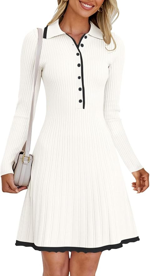 MEROKEETY Women's Long Sleeve V Neck Sweater Dress 2024 Fall Button Ribbed Knit Pleated Mini Dres... | Amazon (US)