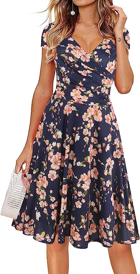 oxiuly Women's Casual Dresses Criss-Cross V-Neck Floral Flare Midi Summer Dress OX233 | Amazon (US)
