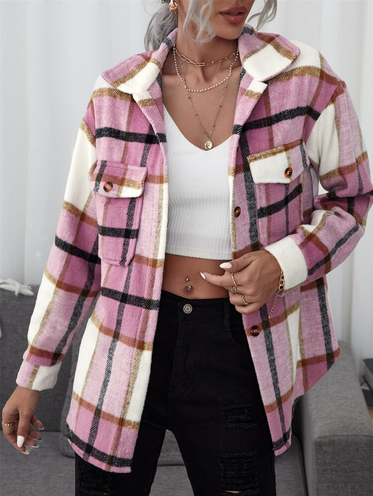 Plaid Flap Pocket Button Front Coat | SHEIN