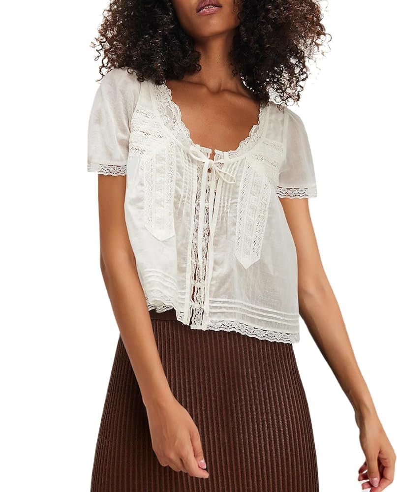 Women Lace Button up Shirt Short Sleeve Semi Sheer Ruffle Blouse Y2k Going Out Tops Coquette Flow... | Amazon (US)