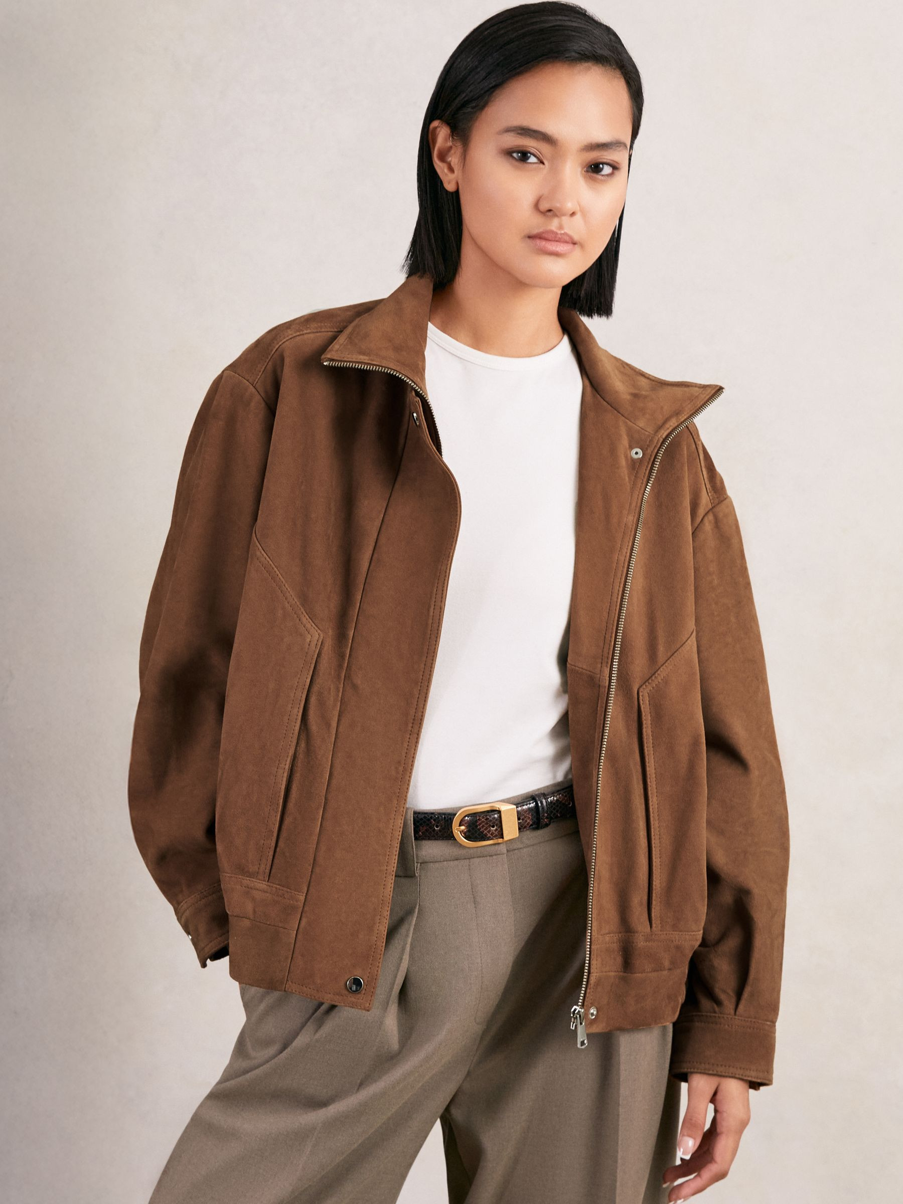 Suede Funnel-Neck Bomber Jacket in Tan | Reiss UK