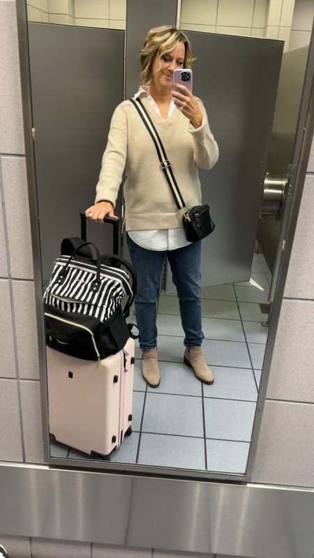 Waterproof boot and fall outfit idea. This travel outfit is great but wear a tee in case you get hot. Shoes have room for padding or thick socks and are tts. Jeans are stretchy but have yummy control. Very comfortable shoes-wore them in Telluride. #traveloutfit #airportstyle #waterproofboot Backpack is 15.6 version.

#LTKshoecrush #LTKtravel #LTKSeasonal